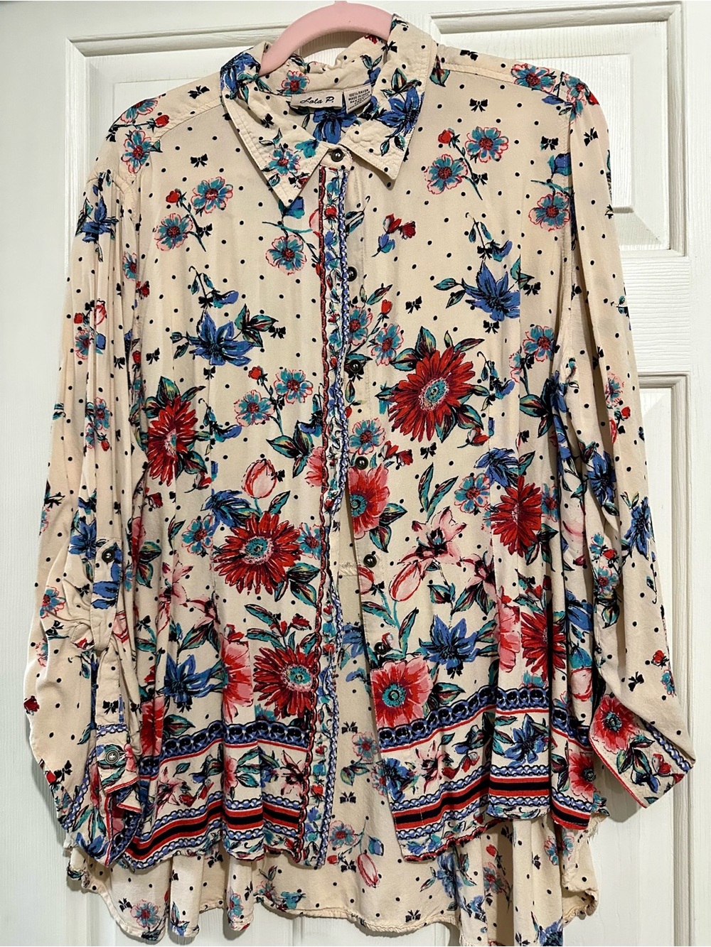 Women's Floral Button-Front Blouse in Cream with Red & Blue Flowers
